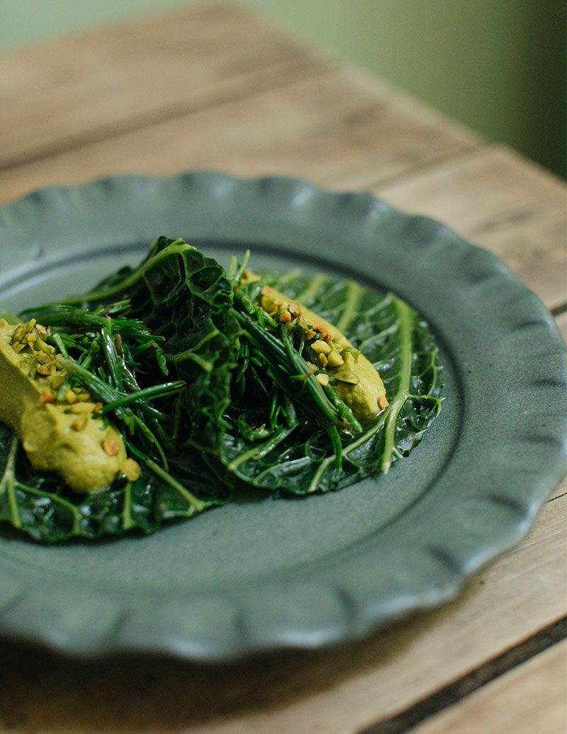 Savoy cabbage taco, with pistacho pipian and romeritos by Maureen Evans